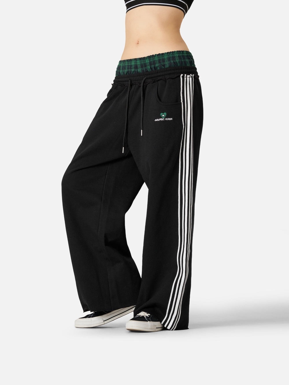 Aelfric Eden Black Track Joggers with White Side Stripes and Green Waistband